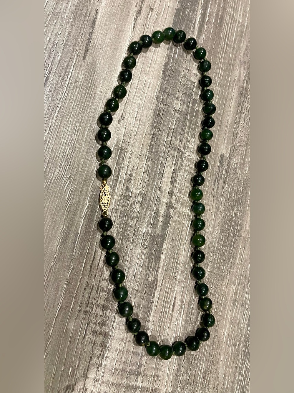 Deep Green Jade Pearl Hand-Tied Necklace with Gold Accent